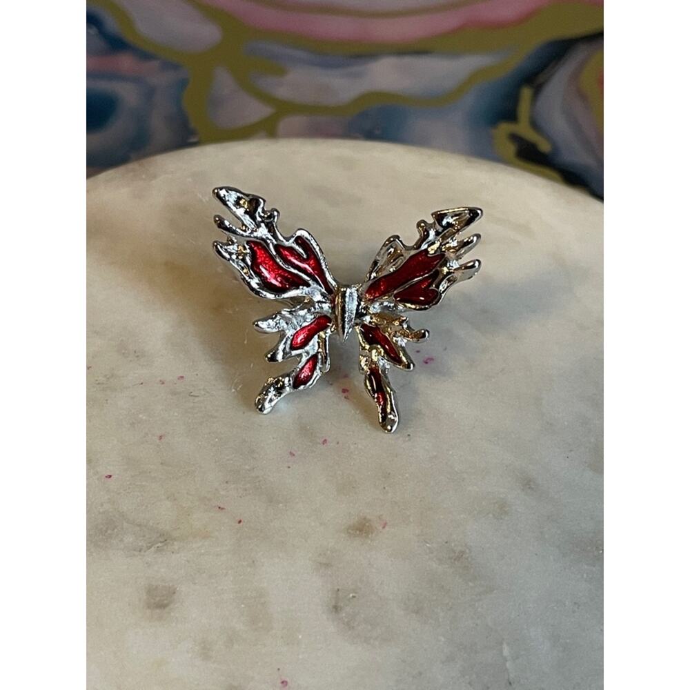 Butterfly-Shape Red Enamel Silver Tone ring - Women Jewelry adjustable
